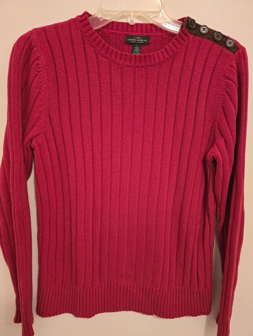 Lauren Ralph Lauren Fitted Ribbed Crewneck Sweater - Red With Brown Suede Botton